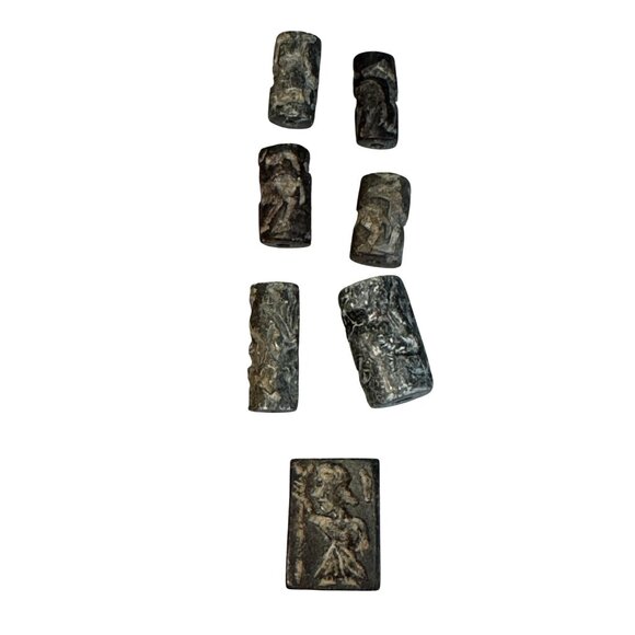 Antique Carved Stone Seal & Amulet Beads Indo-Persian Afghan Figures 7-Piece Lot - Picture 1 of 16